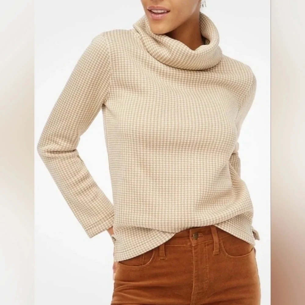 EUC J.Crew Houndstooth Funnel Neck Sweater Beige Cream Pullover Cozy Size S - Picture 1 of 14